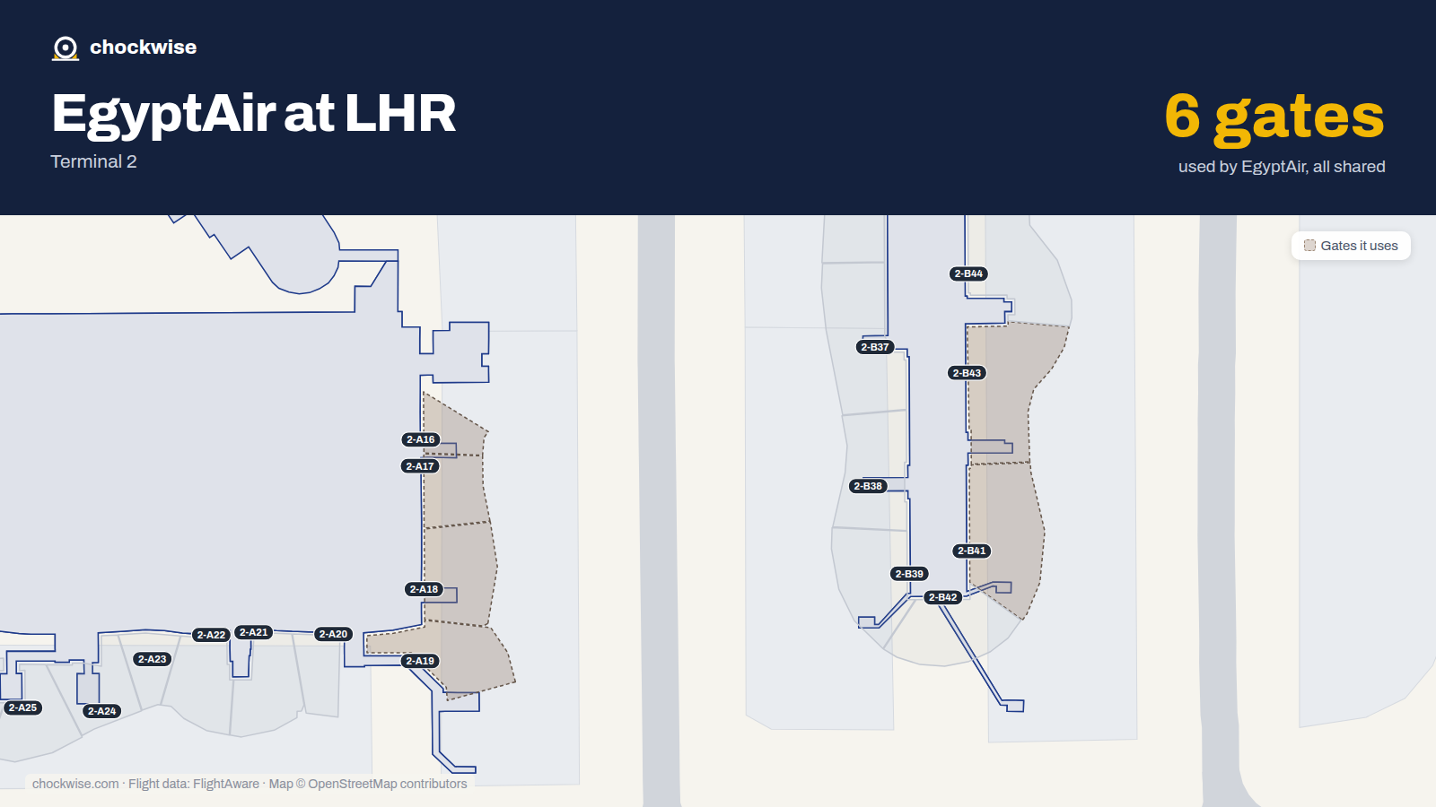 Map of LHR with the gates EgyptAir uses highlighted: 2-A16, 2-A17, 2-A18, 2-A19, 2-B41 and 2-B43.