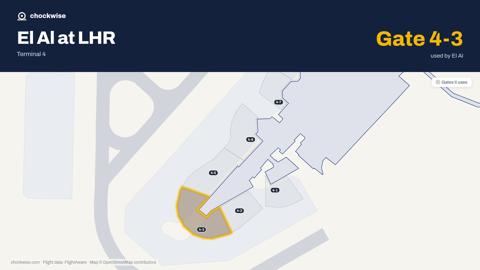 Map of LHR with the gates El Al uses highlighted: 4-3.