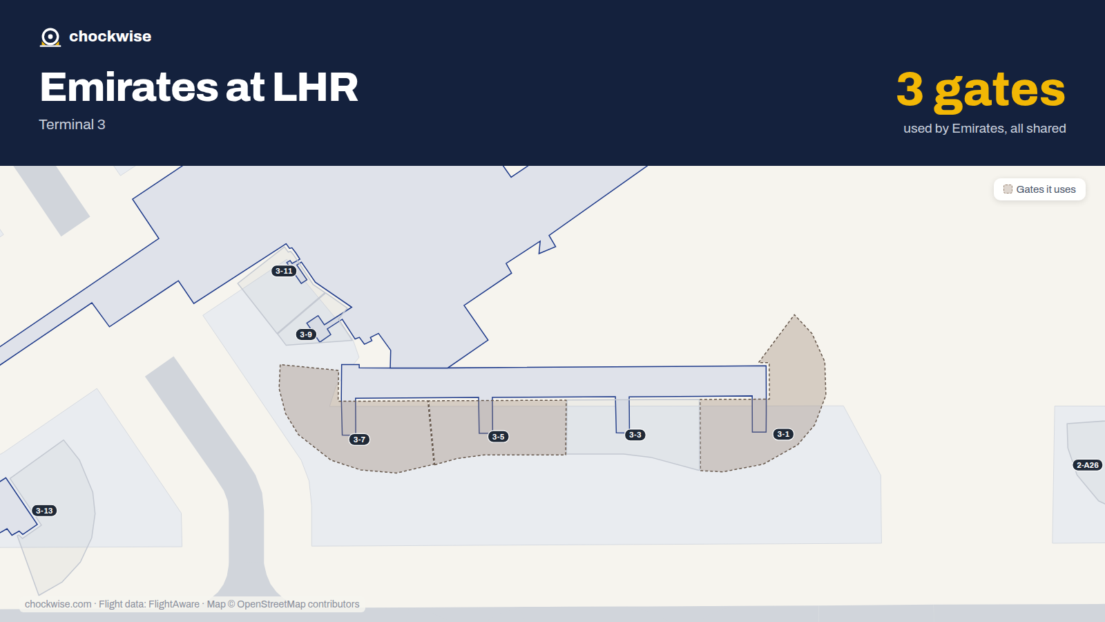 Map of LHR with the gates Emirates uses highlighted: 3-1, 3-5 and 3-7.