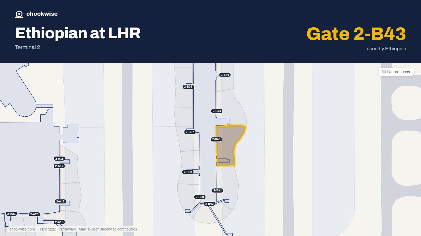 Map of LHR with the gates Ethiopian Airlines uses highlighted: 2-B43.