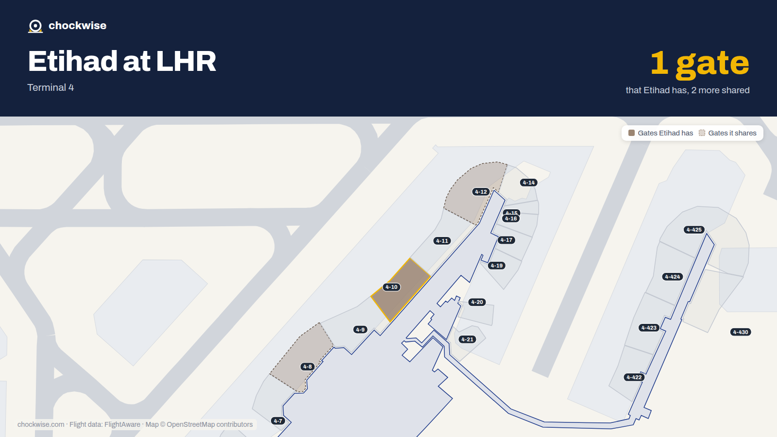 Map of LHR with the gates Etihad Airways uses highlighted: 4-10.
