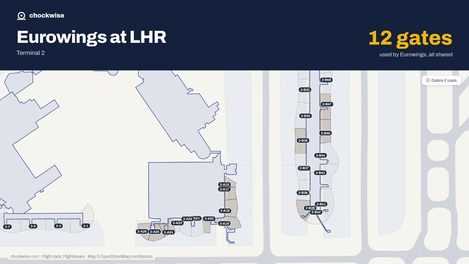 Map of LHR with the gates Eurowings uses highlighted: 2-A16, 2-A17, 2-A18, 2-A19, 2-A20, 2-A24, 2-A25, 2-A26 and 4 more.