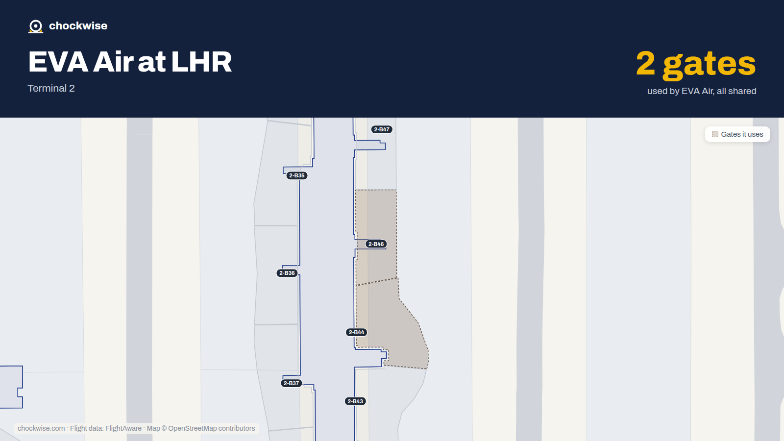 Map of LHR with the gates EVA Air uses highlighted: 2-B44 and 2-B46.