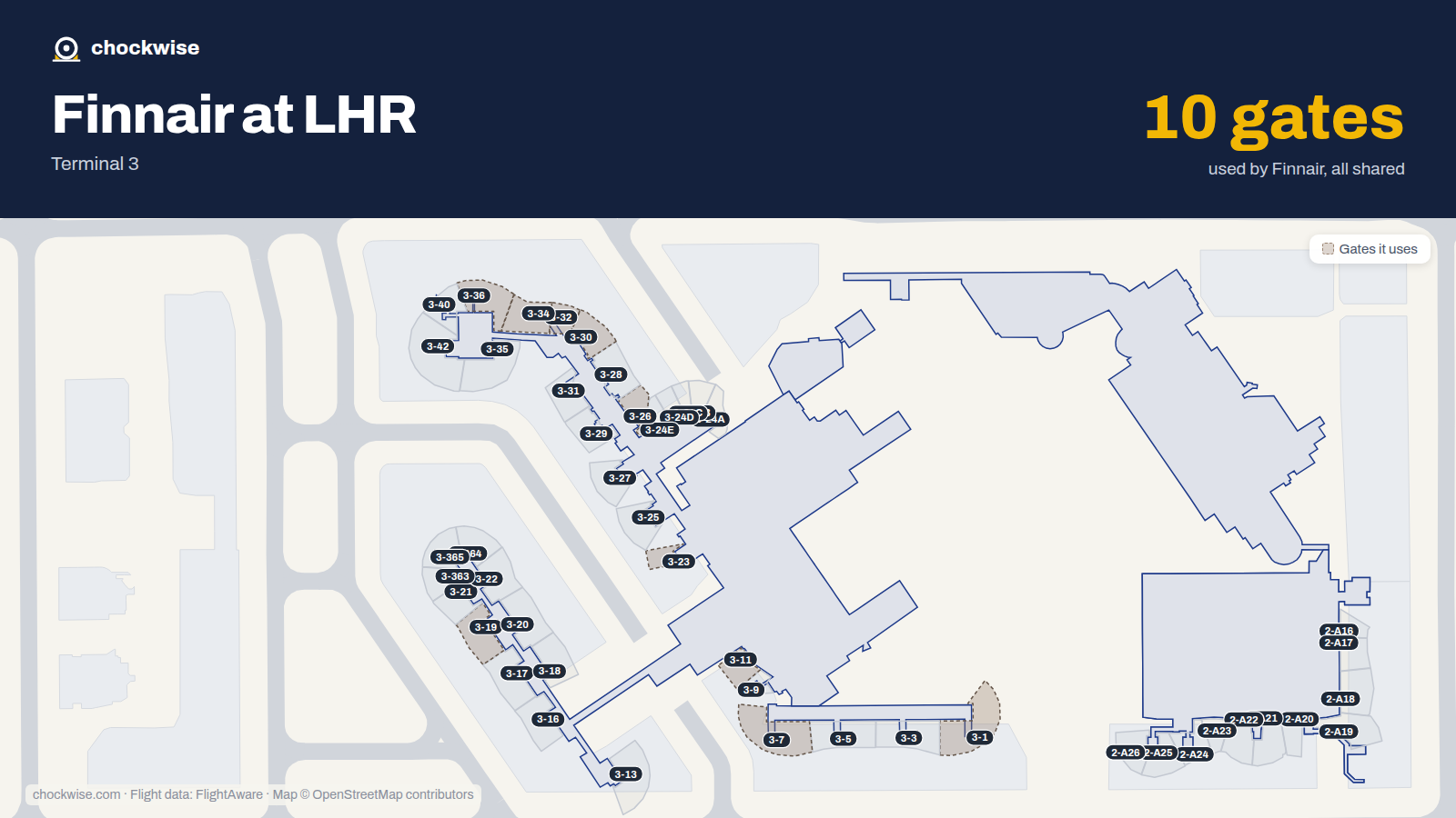 Map of LHR with the gates Finnair uses highlighted: 3-1, 3-7, 3-11, 3-19, 3-23, 3-26, 3-30, 3-32 and 2 more.