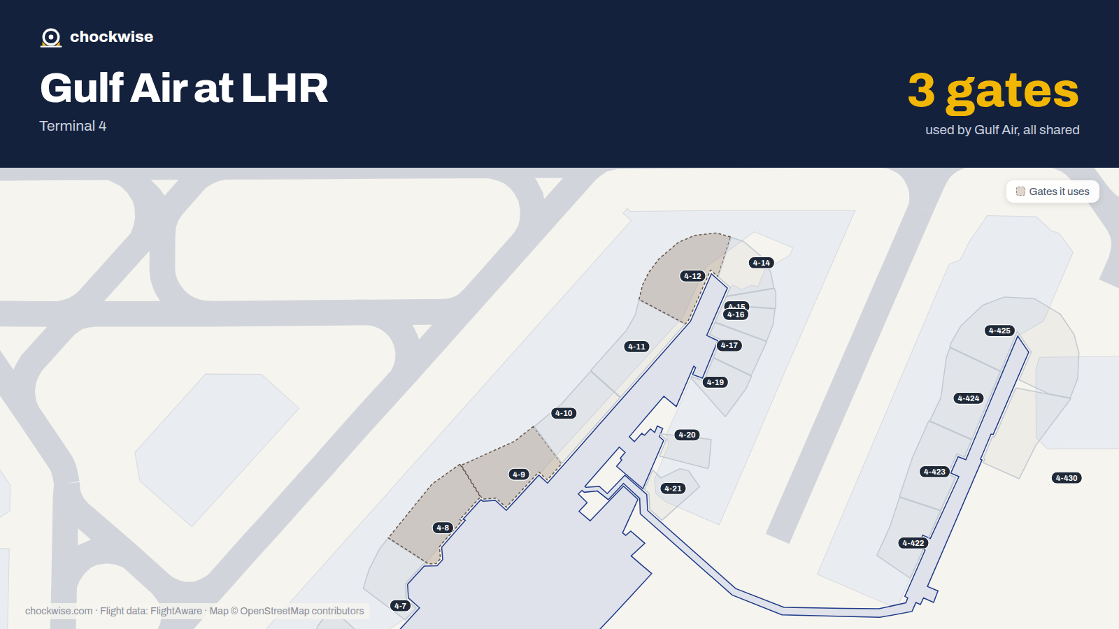 Map of LHR with the gates Gulf Air uses highlighted: 4-8, 4-9 and 4-12.