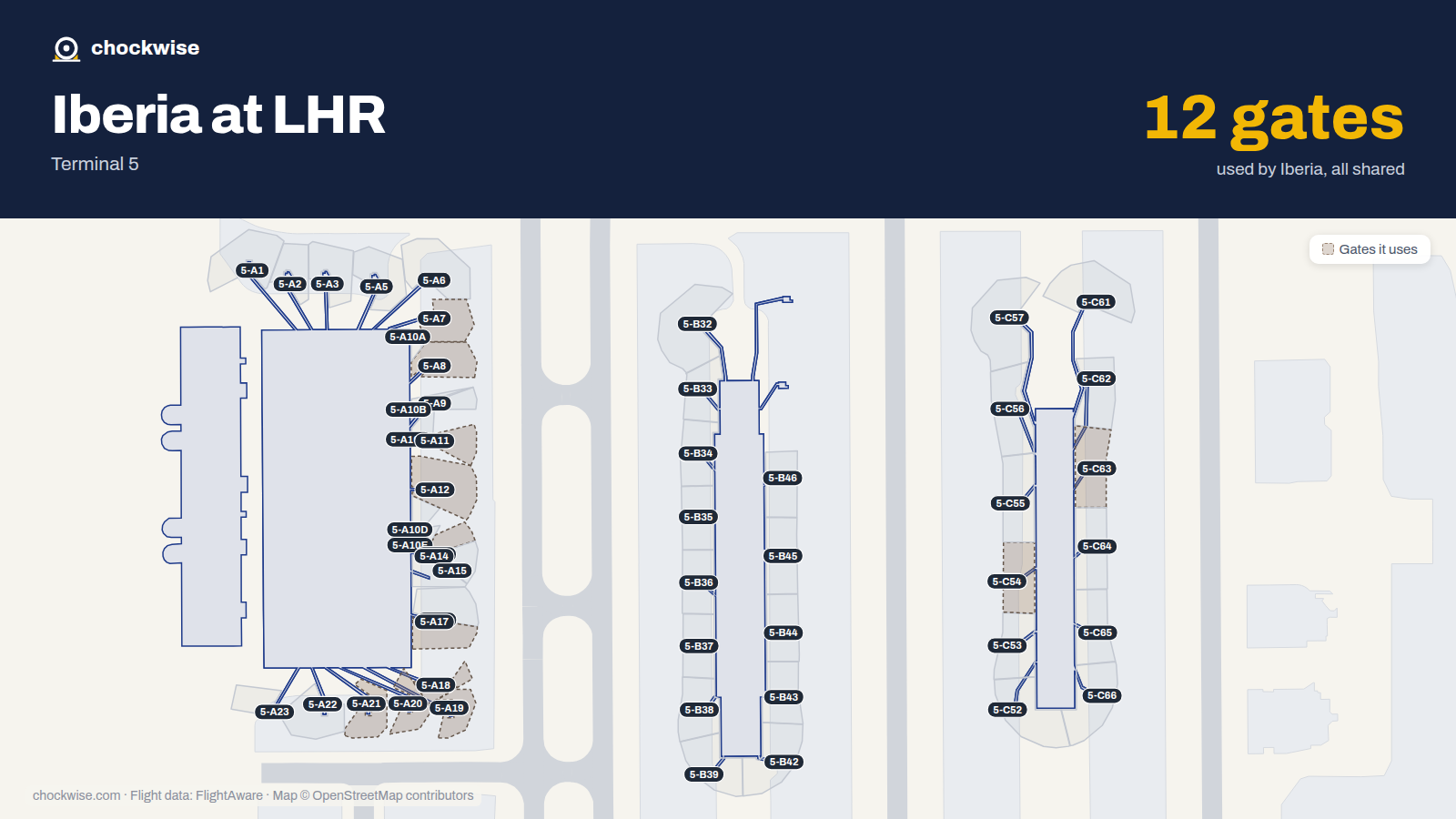 Map of LHR with the gates Iberia uses highlighted: 5-A7, 5-A8, 5-A11, 5-A12, 5-A13, 5-A17, 5-A18, 5-A19 and 4 more.