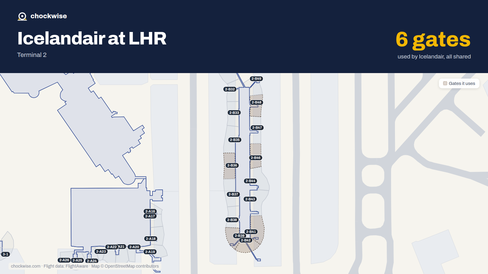 Map of LHR with the gates Icelandair uses highlighted: 2-B36, 2-B39, 2-B41, 2-B42, 2-B46 and 2-B48.