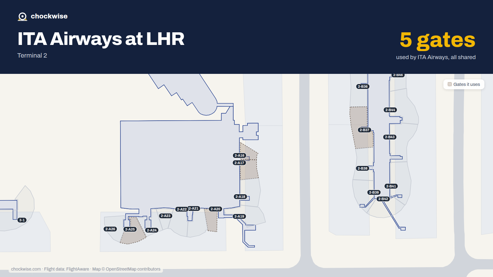 Map of LHR with the gates ITA Airways uses highlighted: 2-A16, 2-A17, 2-A20, 2-A25 and 2-B37.
