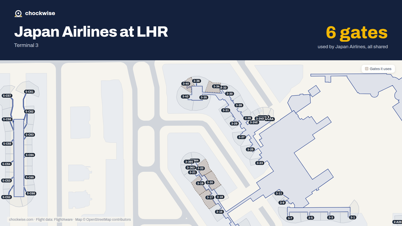 Map of LHR with the gates Japan Airlines uses highlighted: 3-17, 3-19, 3-20, 3-22, 3-34 and 3-40.