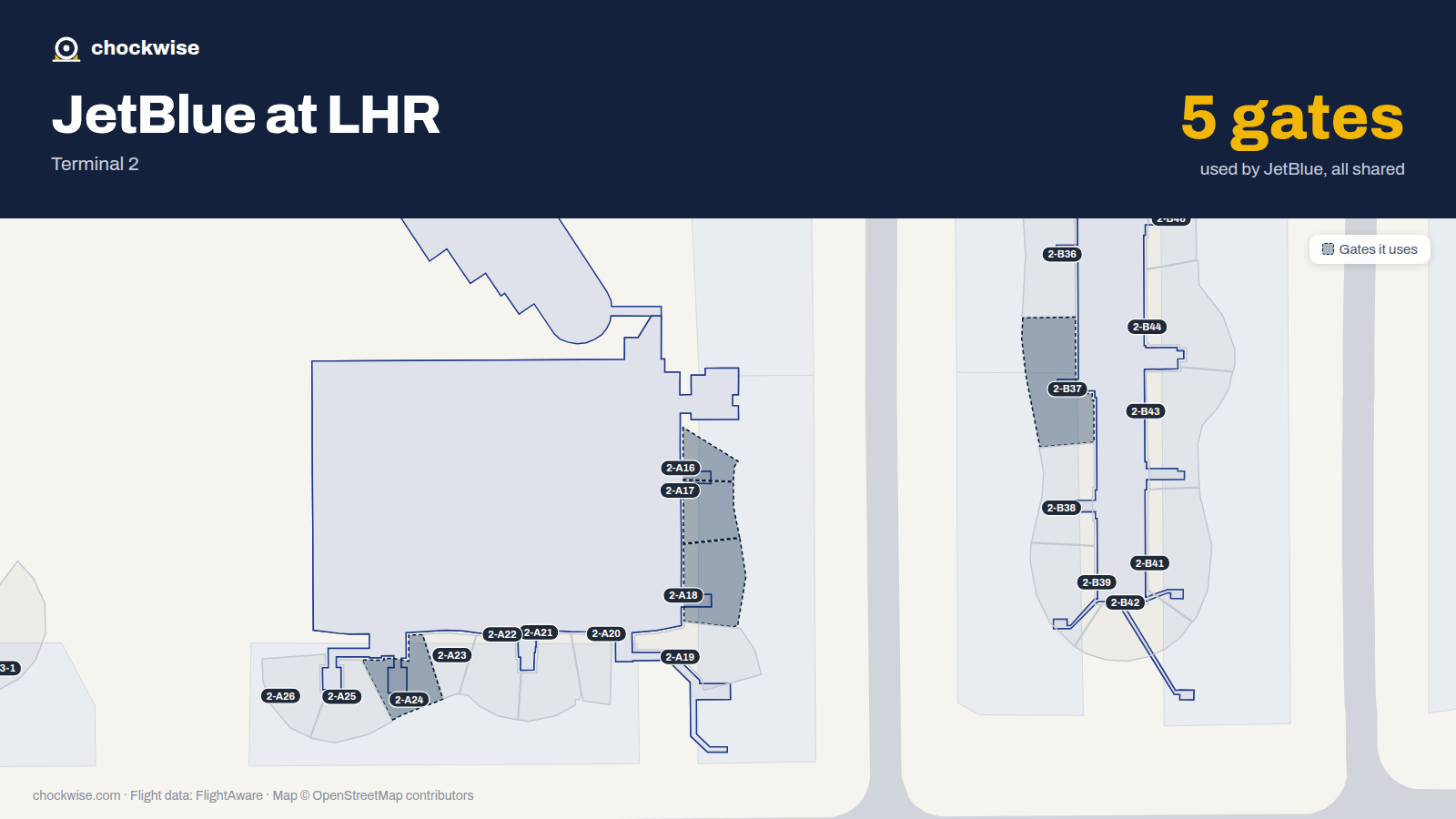 Map of LHR with the gates JetBlue uses highlighted: 2-A16, 2-A17, 2-A18, 2-A24 and 2-B37.
