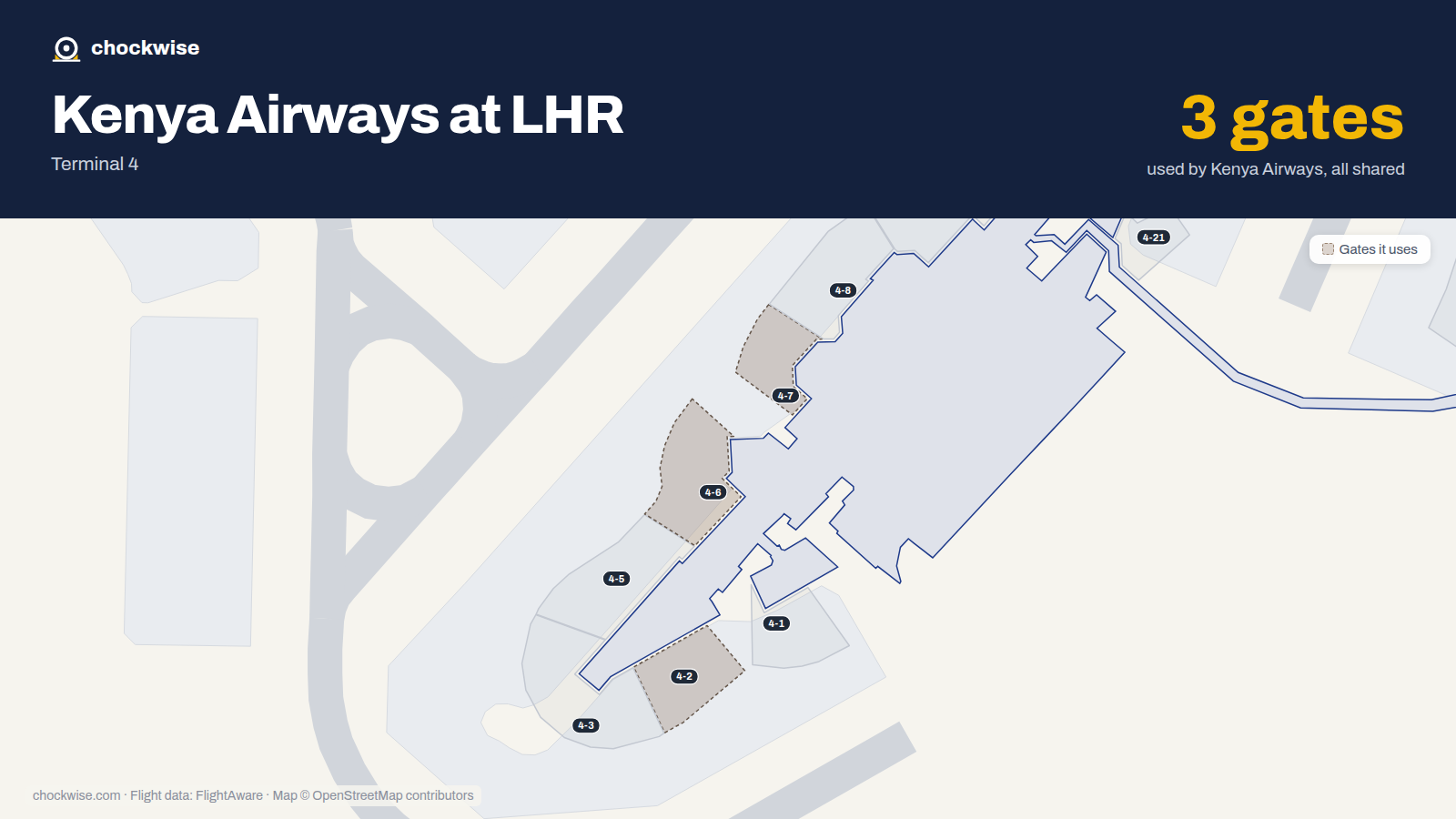 Map of LHR with the gates Kenya Airways uses highlighted: 4-2, 4-6 and 4-7.
