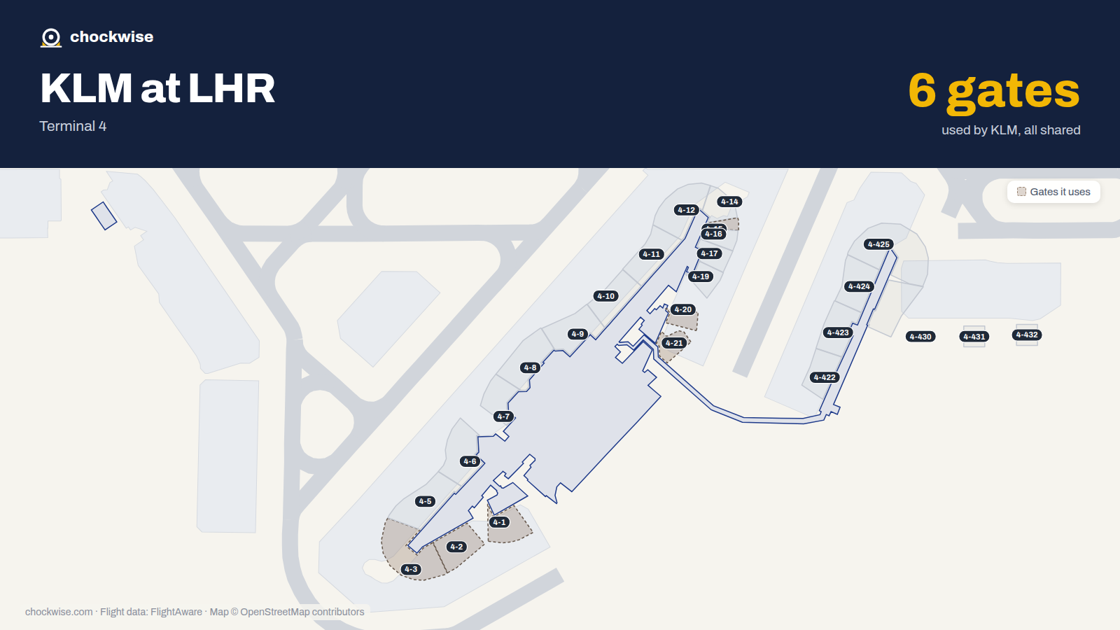 Map of LHR with the gates KLM uses highlighted: 4-1, 4-2, 4-3, 4-15, 4-20 and 4-21.