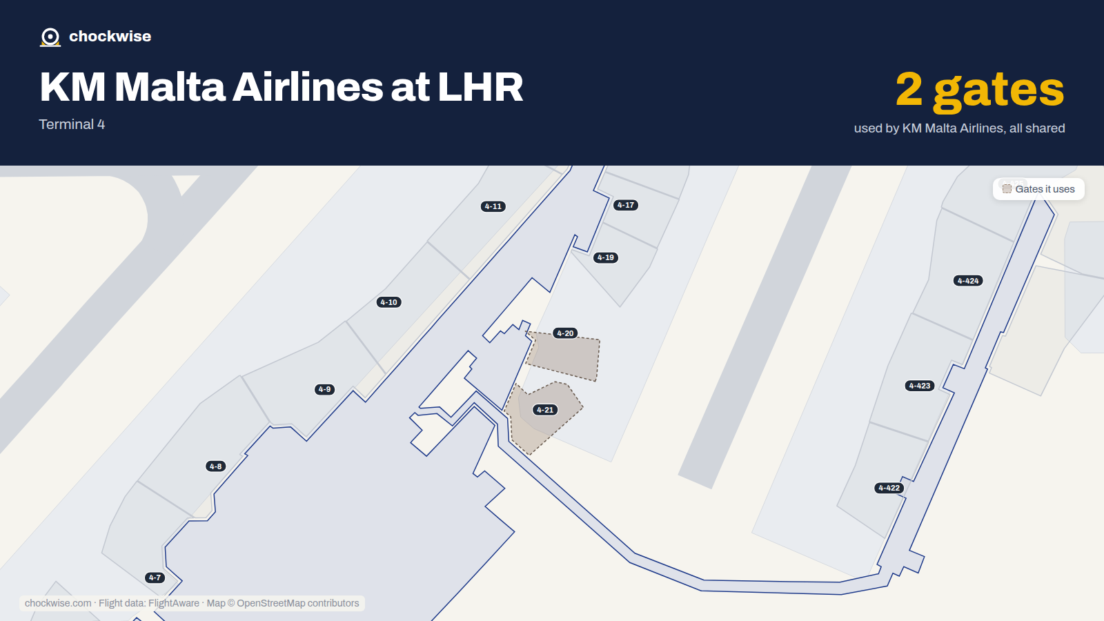 Map of LHR with the gates KM Malta Airlines uses highlighted: 4-20 and 4-21.