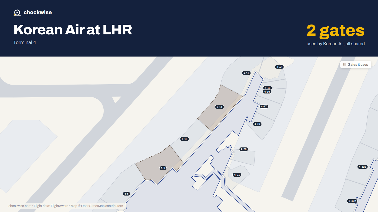 Map of LHR with the gates Korean Air uses highlighted: 4-9 and 4-11.