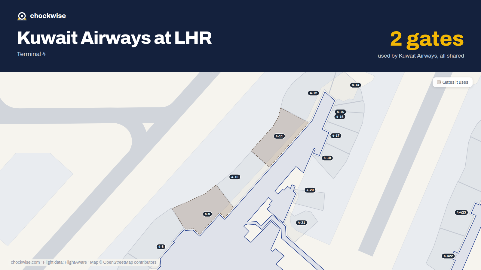 Map of LHR with the gates Kuwait Airways uses highlighted: 4-9 and 4-11.