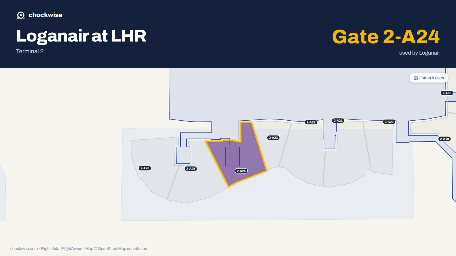 Map of LHR with the gates Loganair uses highlighted: 2-A5 and 2-A24.