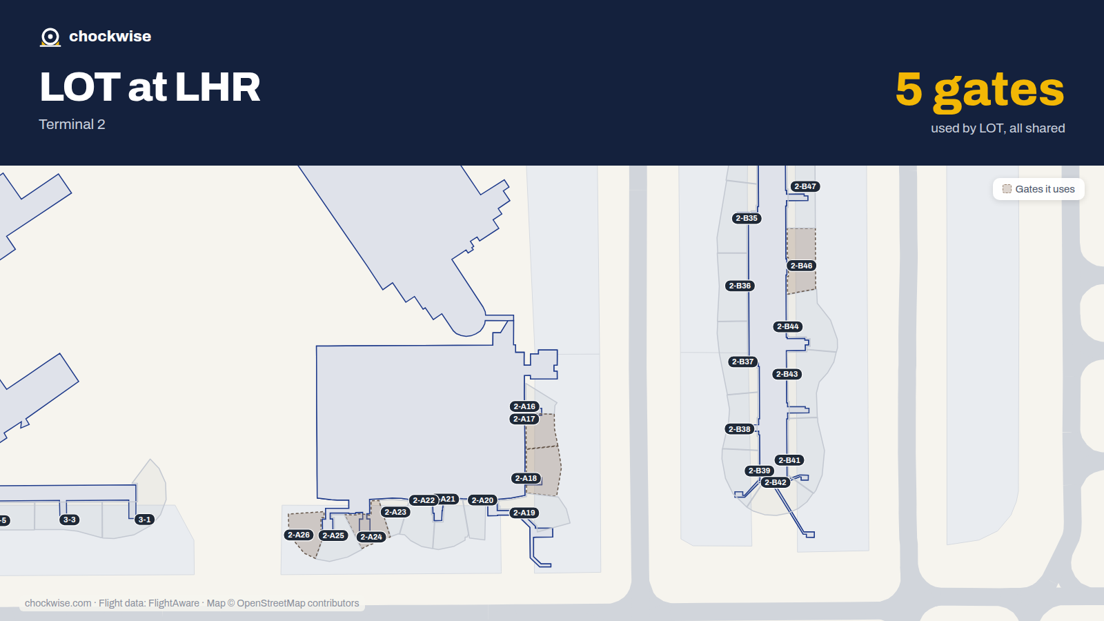 Map of LHR with the gates LOT Polish Airlines uses highlighted: 2-A17, 2-A18, 2-A24, 2-A26 and 2-B46.