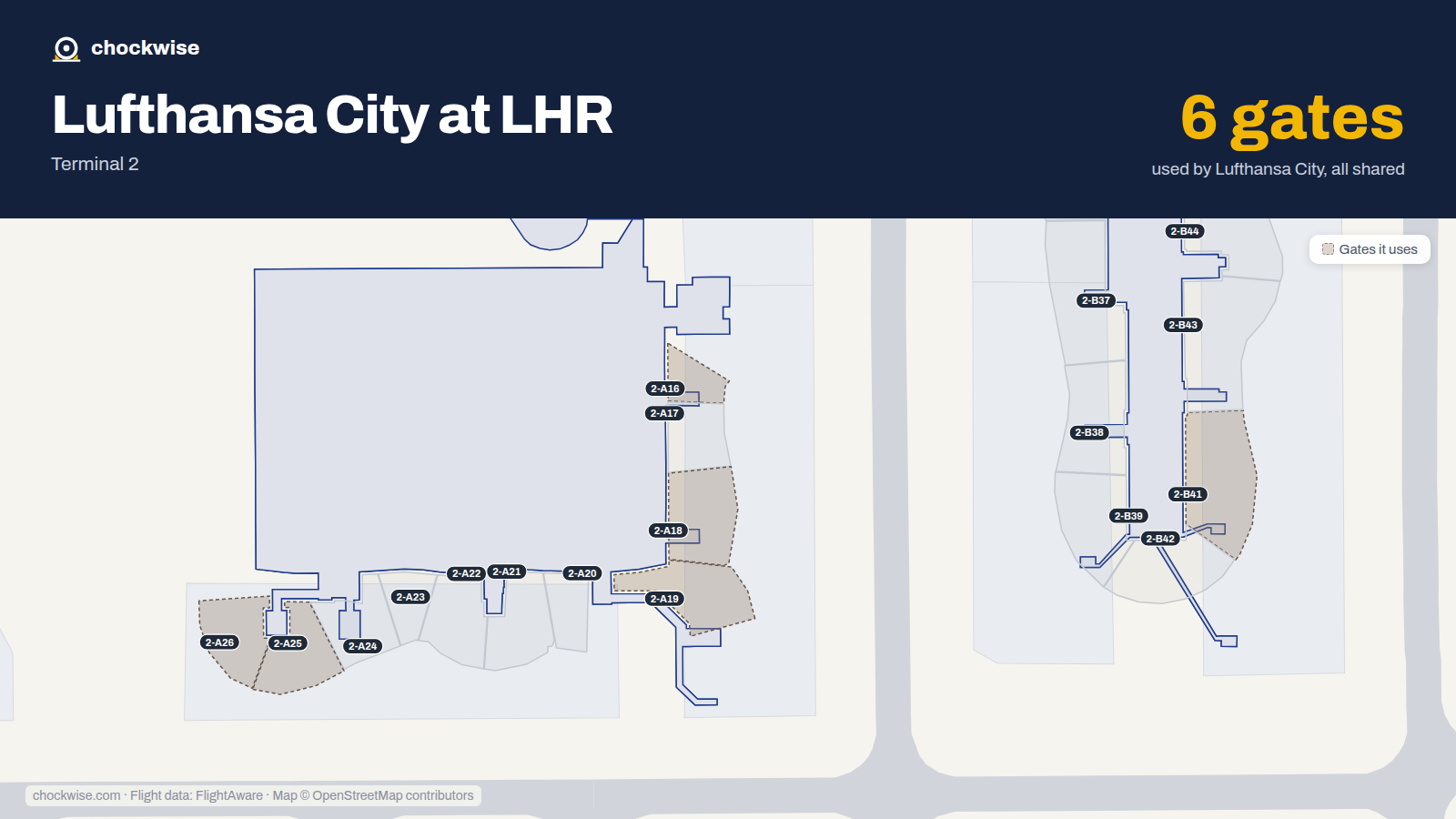Map of LHR with the gates Lufthansa City Airlines uses highlighted: 2-A16, 2-A18, 2-A19, 2-A25, 2-A26 and 2-B41.