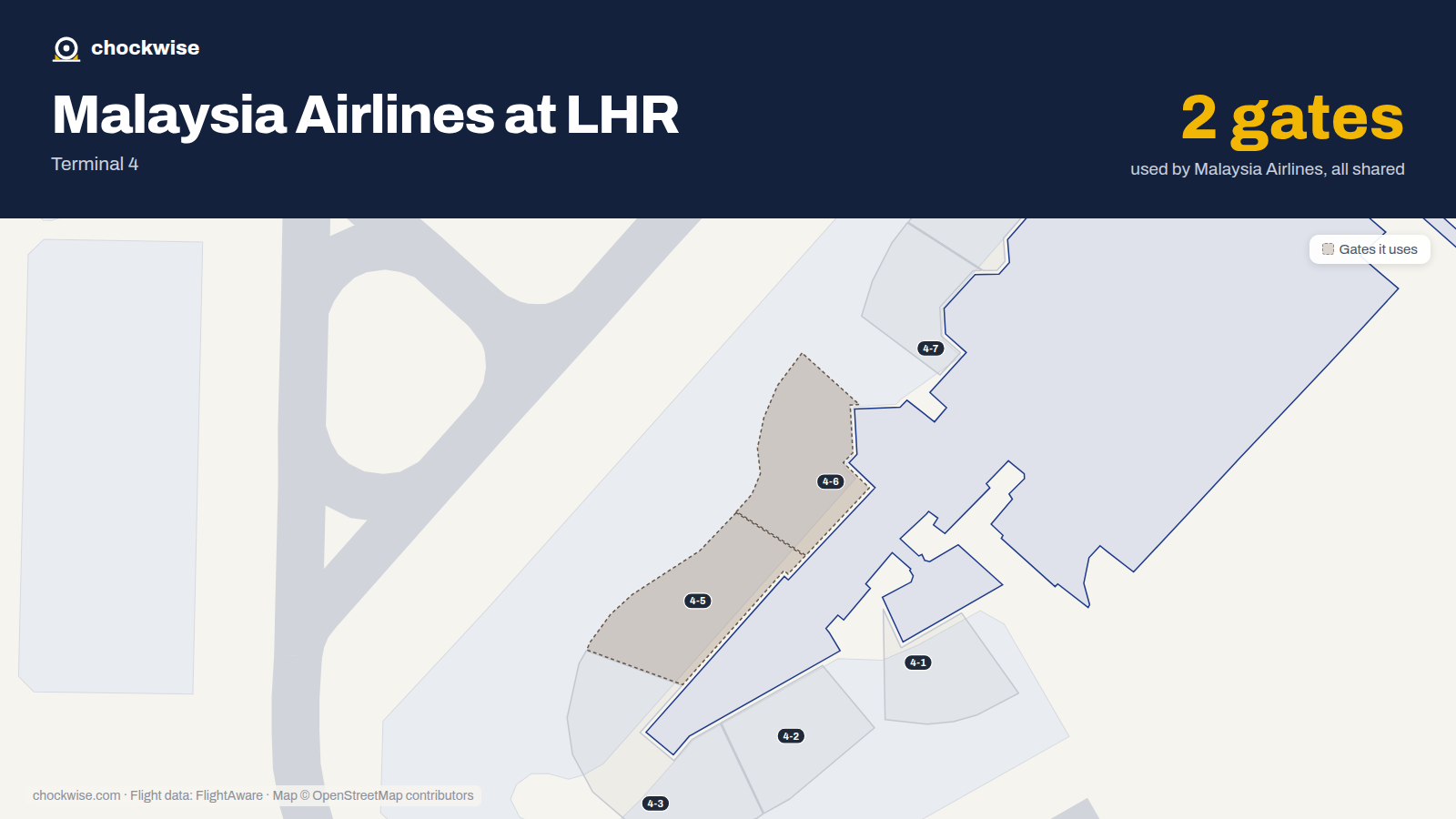Map of LHR with the gates Malaysia Airlines uses highlighted: 4-5 and 4-6.