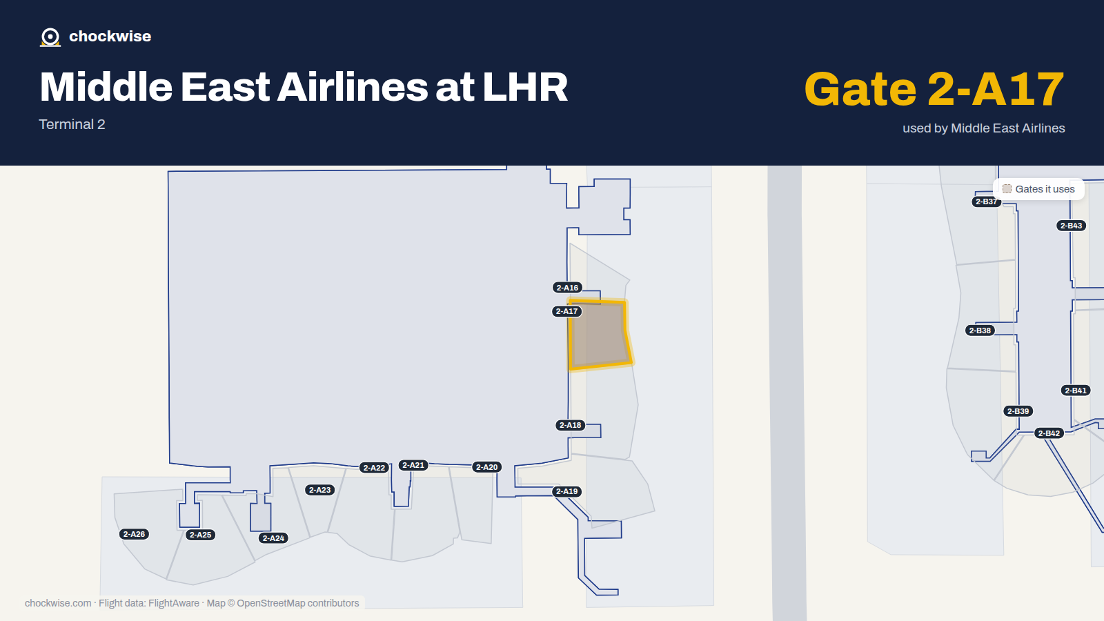 Map of LHR with the gates Middle East Airlines uses highlighted: 2-A17.