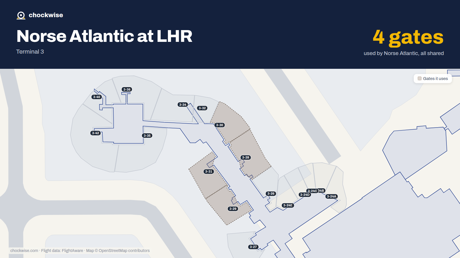 Map of LHR with the gates Norse Atlantic Airways uses highlighted: 3-28, 3-29, 3-30 and 3-31.