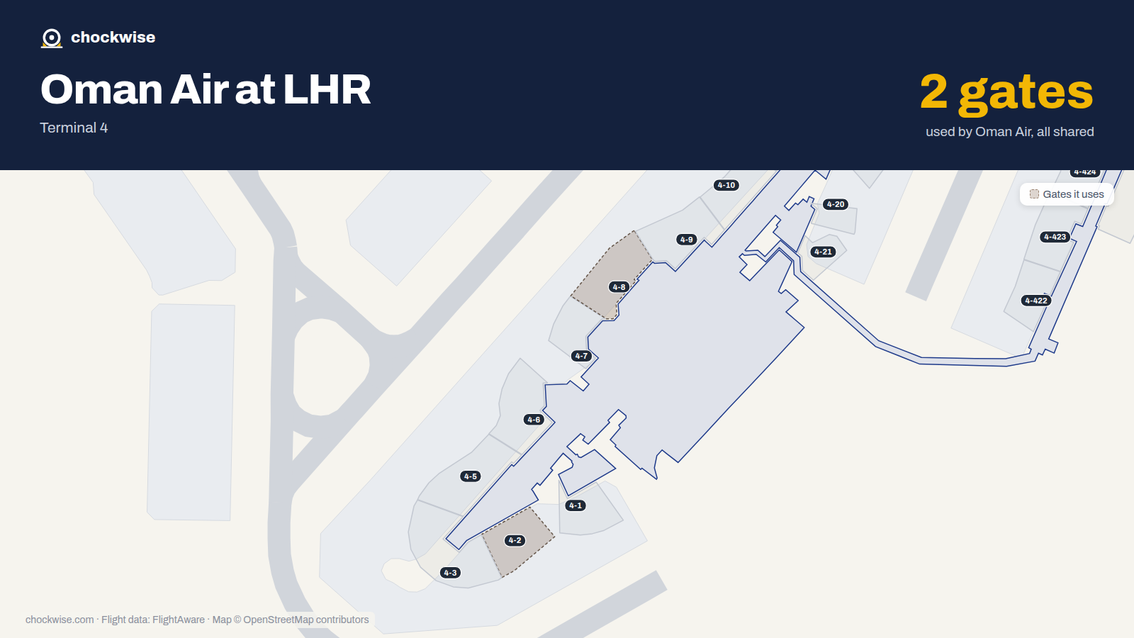 Map of LHR with the gates Oman Air uses highlighted: 4-2 and 4-8.