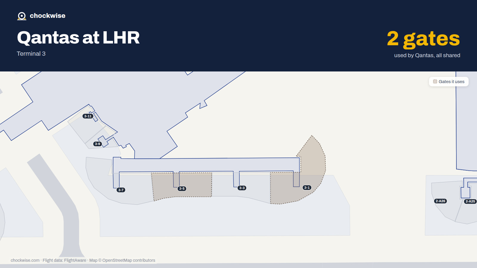Map of LHR with the gates Qantas uses highlighted: 3-1, 3-5 and 3-24.