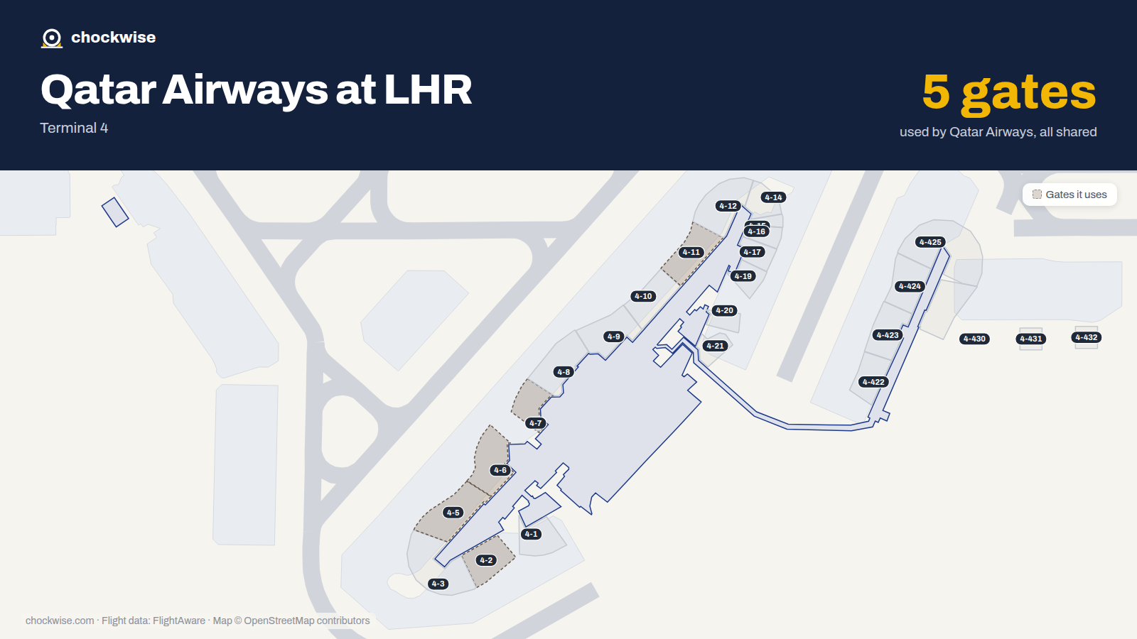Map of LHR with the gates Qatar Airways uses highlighted: 4-2, 4-5, 4-6, 4-7, 4-11 and 4-23.