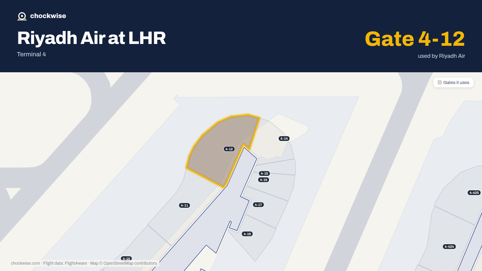 Map of LHR with the gates Riyadh Air uses highlighted: 4-12.