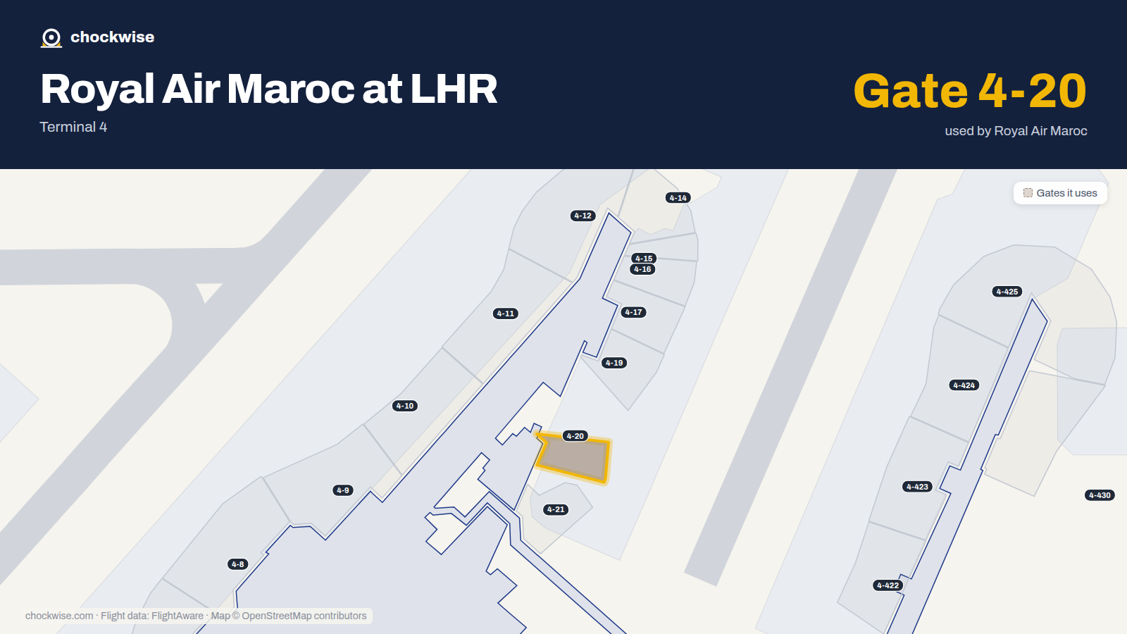 Map of LHR with the gates Royal Air Maroc uses highlighted: 4-20.