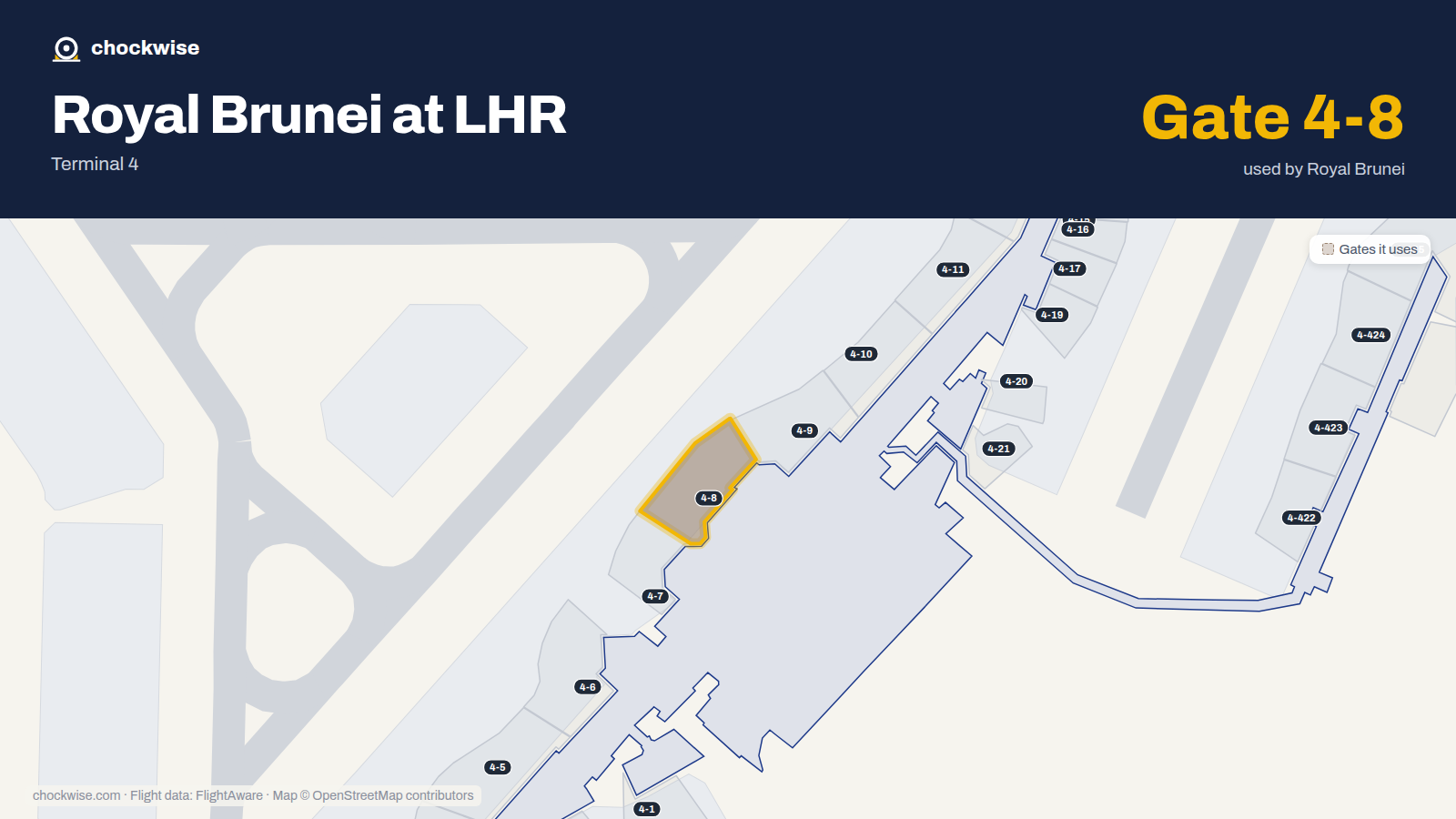 Map of LHR with the gates Royal Brunei Airlines uses highlighted: 4-8 and 4-22.