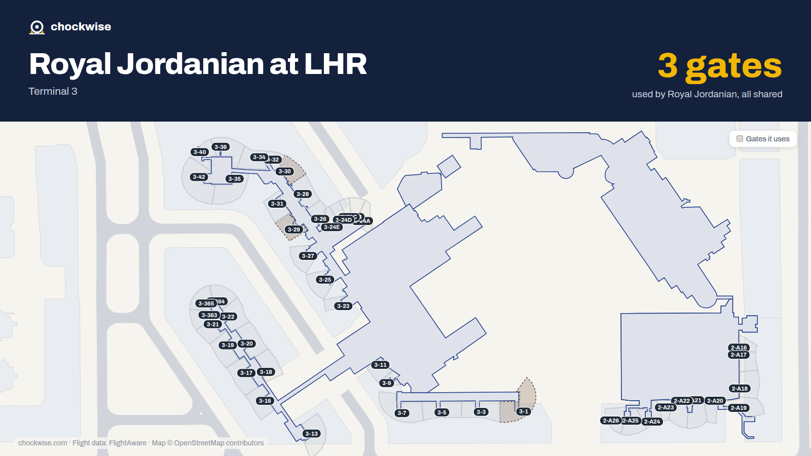 Map of LHR with the gates Royal Jordanian uses highlighted: 3-1, 3-29 and 3-30.