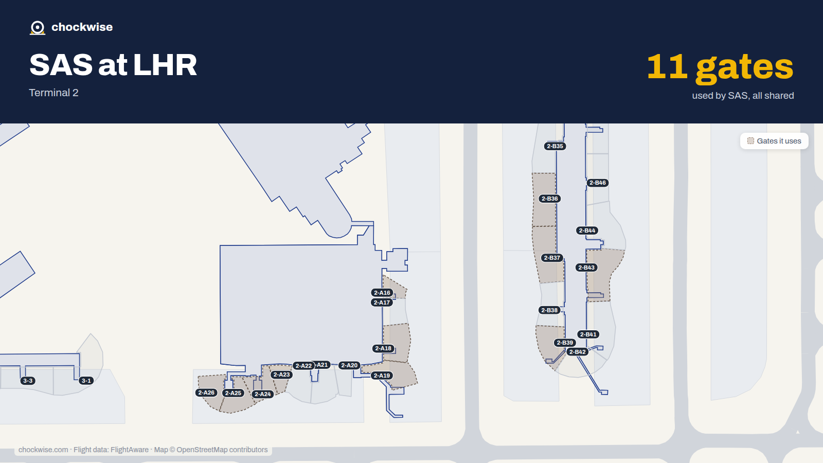 Map of LHR with the gates SAS Scandinavian Airlines uses highlighted: 2-A16, 2-A18, 2-A19, 2-A23, 2-A24, 2-A25, 2-A26, 2-B36 and 3 more.