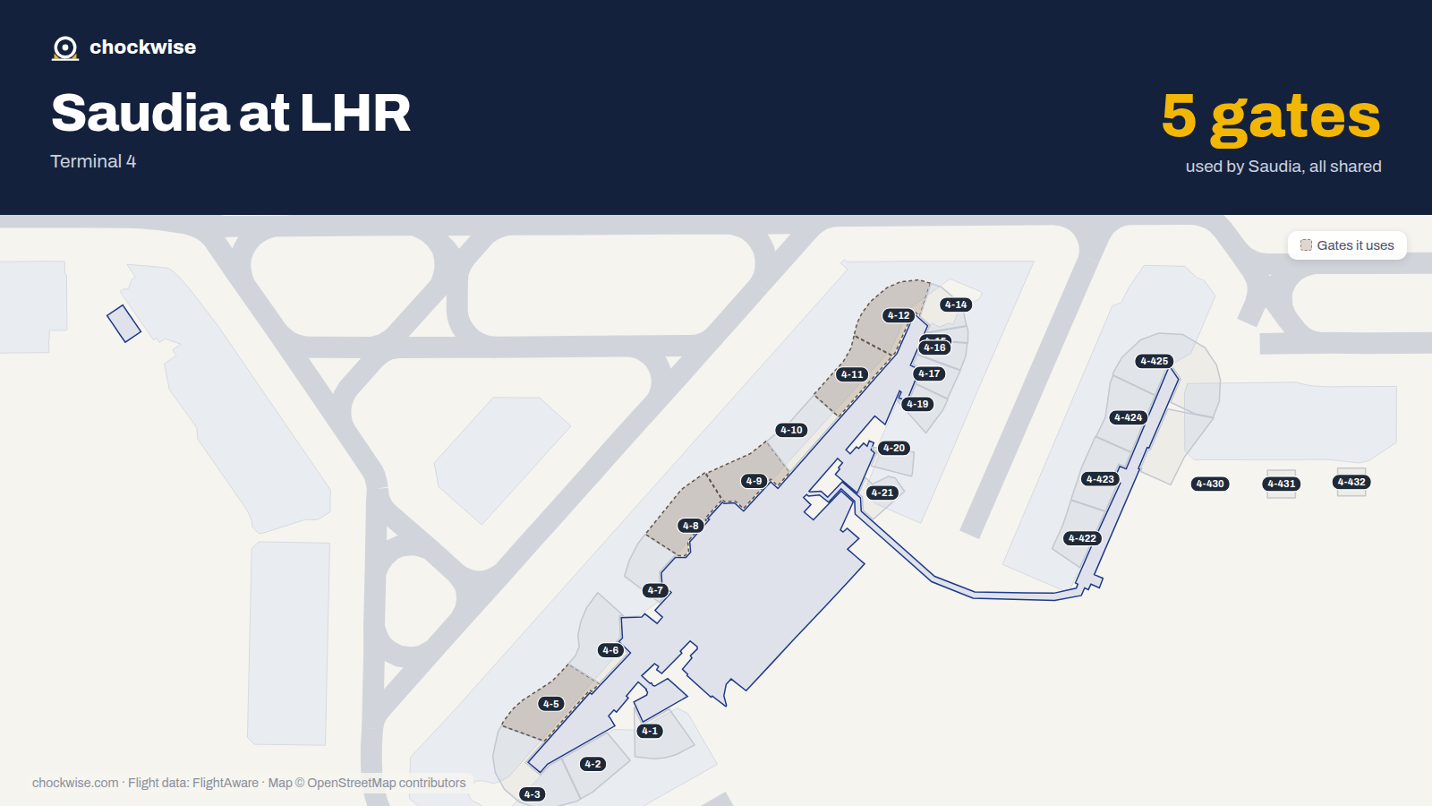 Map of LHR with the gates Saudia uses highlighted: 4-5, 4-8, 4-9, 4-11 and 4-12.