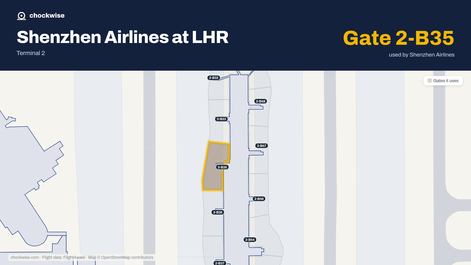 Map of LHR with the gates Shenzhen Airlines uses highlighted: 2-B35.