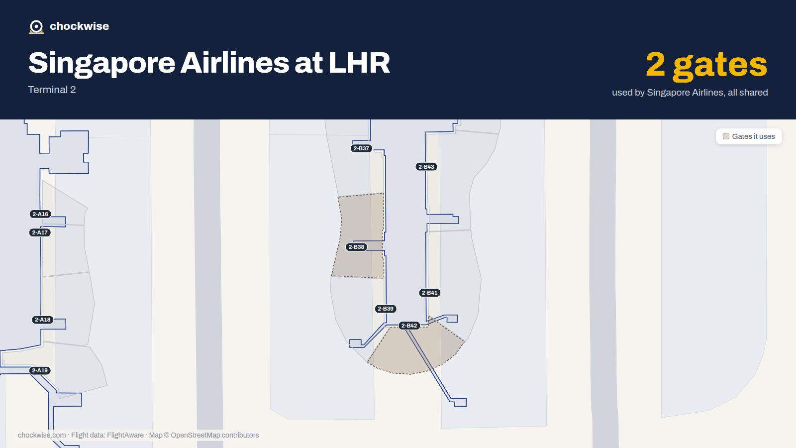 Map of LHR with the gates Singapore Airlines uses highlighted: 2-B38 and 2-B42.