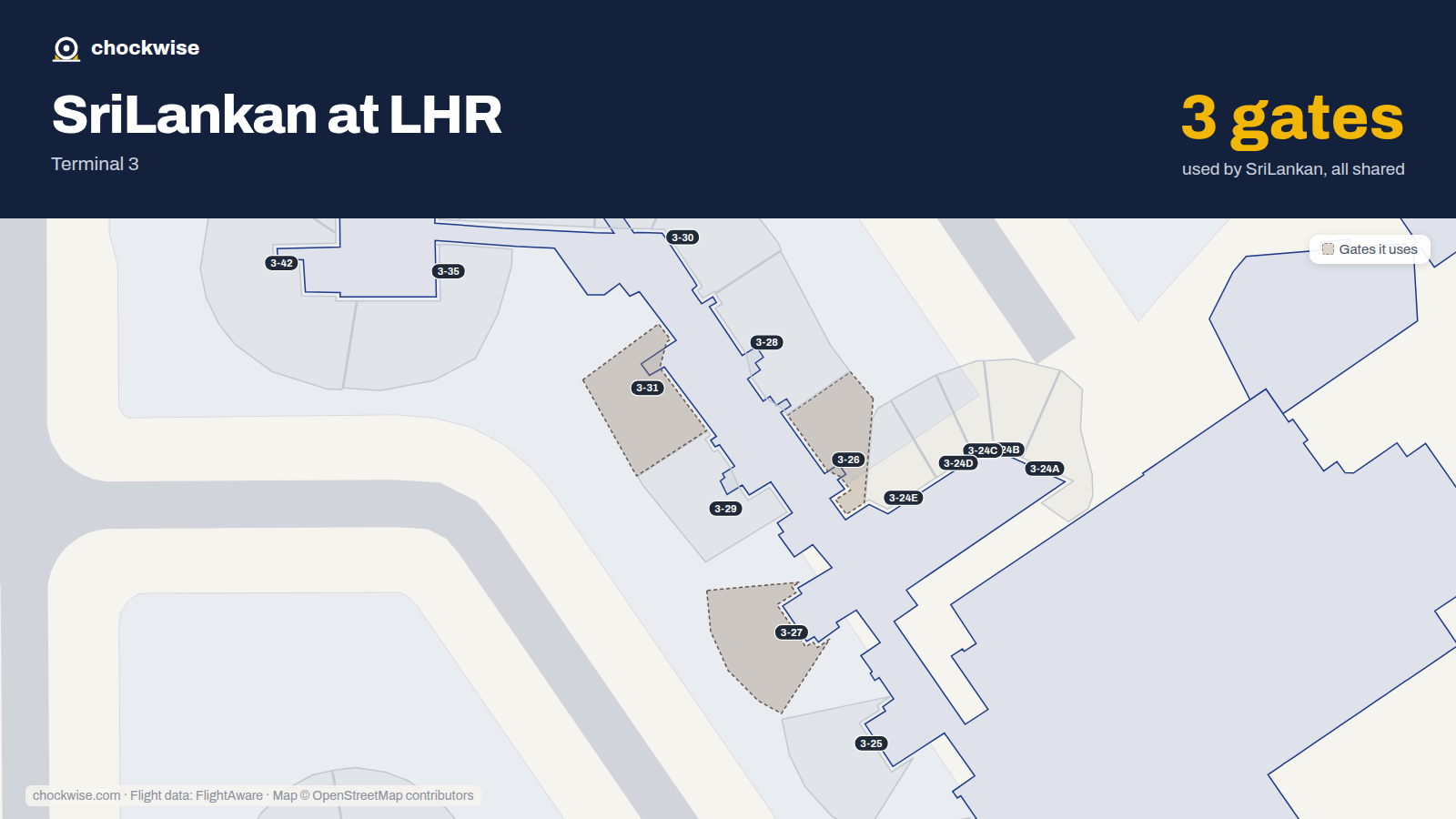 Map of LHR with the gates SriLankan Airlines uses highlighted: 3-26, 3-27 and 3-31.