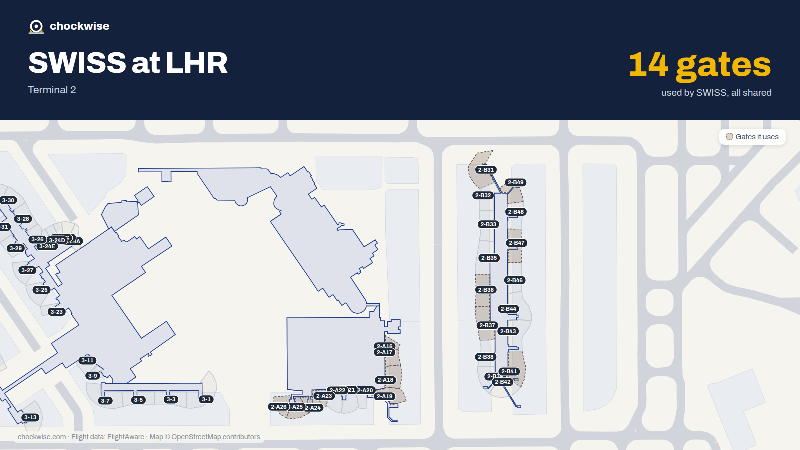Map of LHR with the gates SWISS uses highlighted: 2-A16, 2-A17, 2-A18, 2-A19, 2-A23, 2-A24, 2-A25, 2-A26 and 6 more.