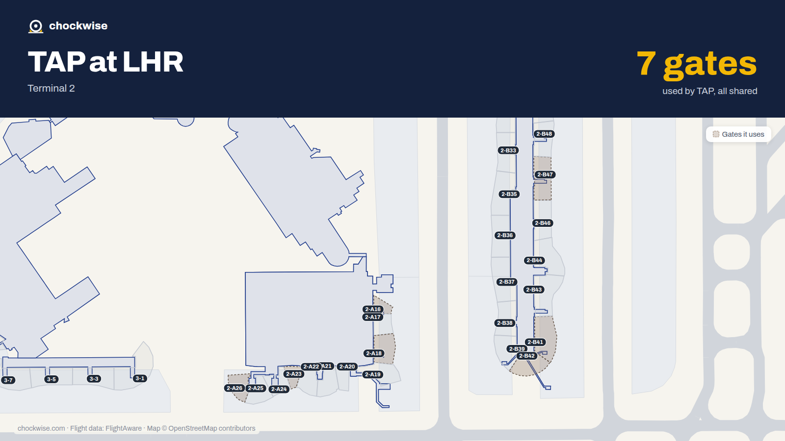 Map of LHR with the gates TAP Air Portugal uses highlighted: 2-A16, 2-A18, 2-A23, 2-A26, 2-41, 2-B41, 2-B42, 2-45 and 1 more.