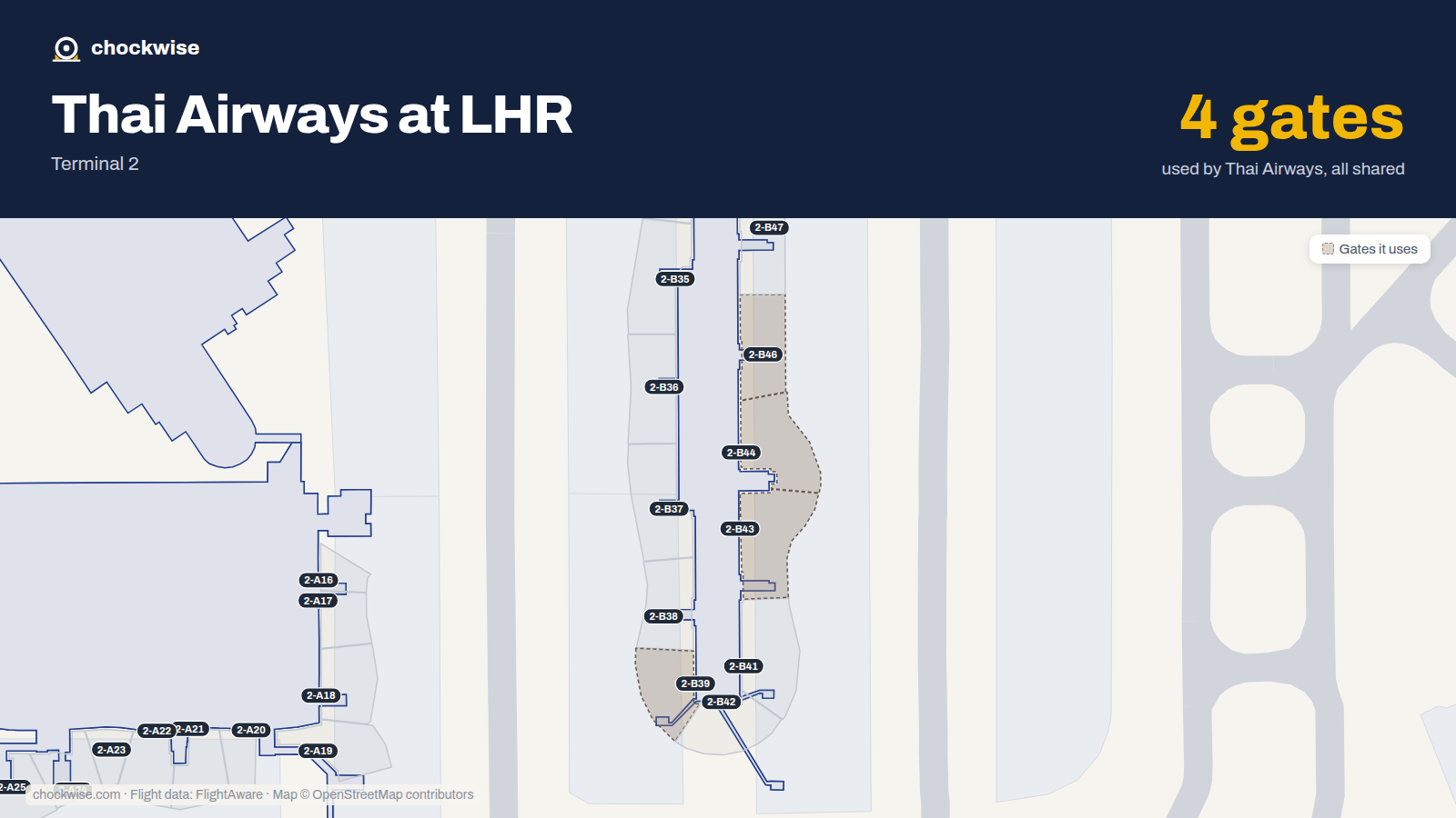 Map of LHR with the gates Thai Airways uses highlighted: 2-B39, 2-B43, 2-B44 and 2-B46.
