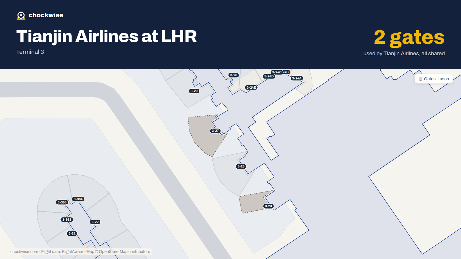 Map of LHR with the gates Tianjin Airlines uses highlighted: 3-23 and 3-27.