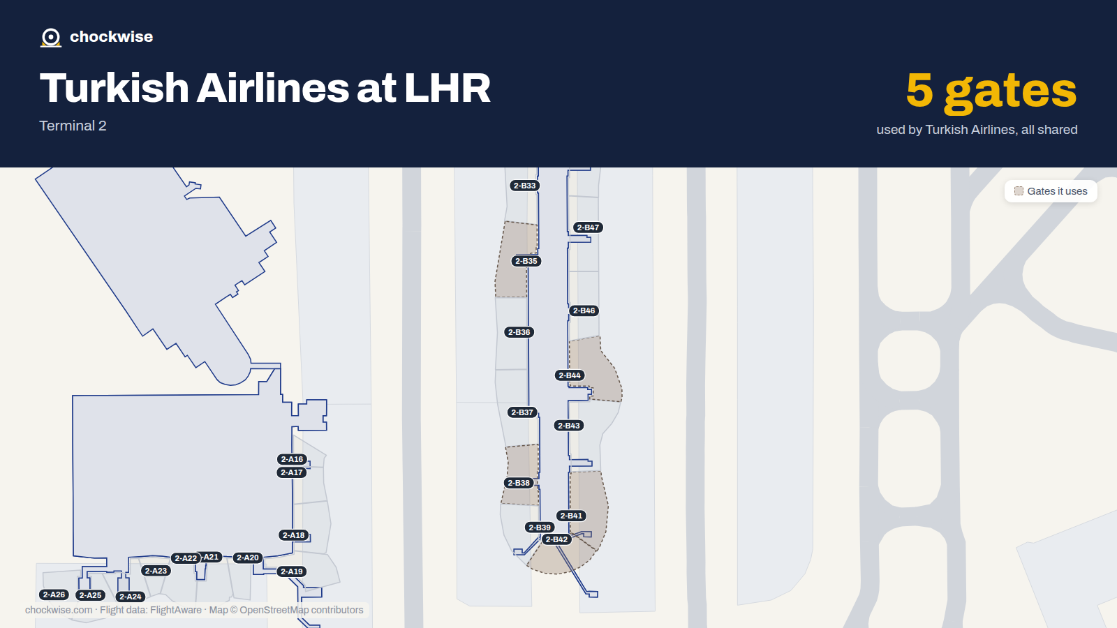 Map of LHR with the gates Turkish Airlines uses highlighted: 2-B35, 2-B38, 2-B41, 2-B42 and 2-B44.