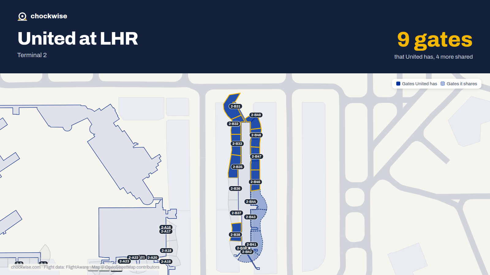 Map of LHR with the gates United Airlines uses highlighted: 2-B31, 2-B32, 2-B33, 2-B35, 2-B38, 2-B46, 2-B47, 2-B48 and 1 more.