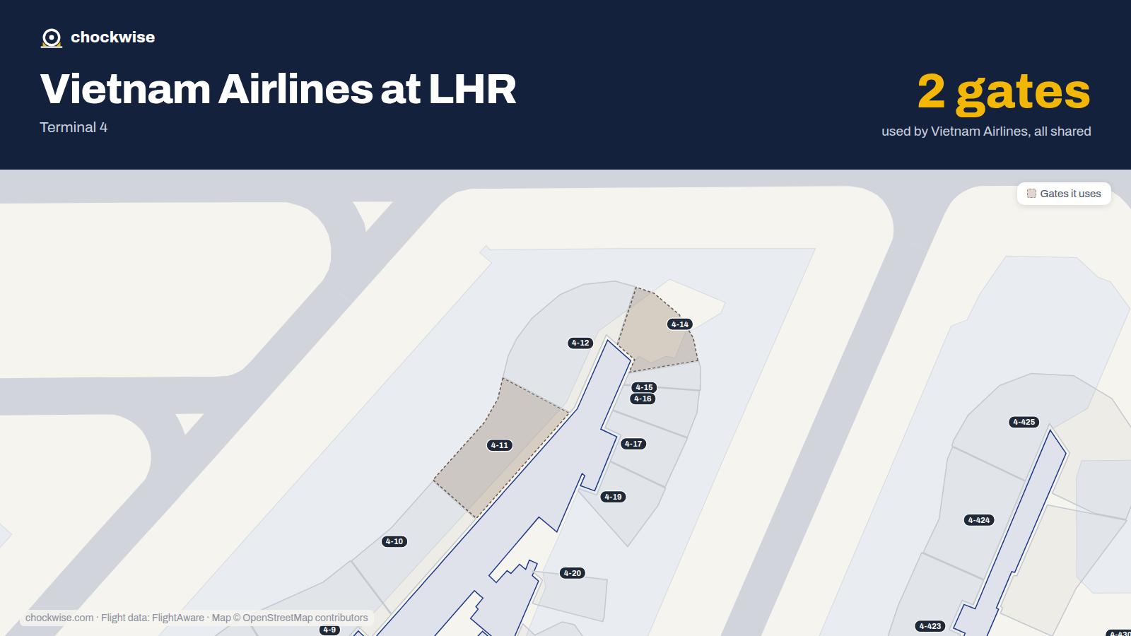 Map of LHR with the gates Vietnam Airlines uses highlighted: 4-11 and 4-14.