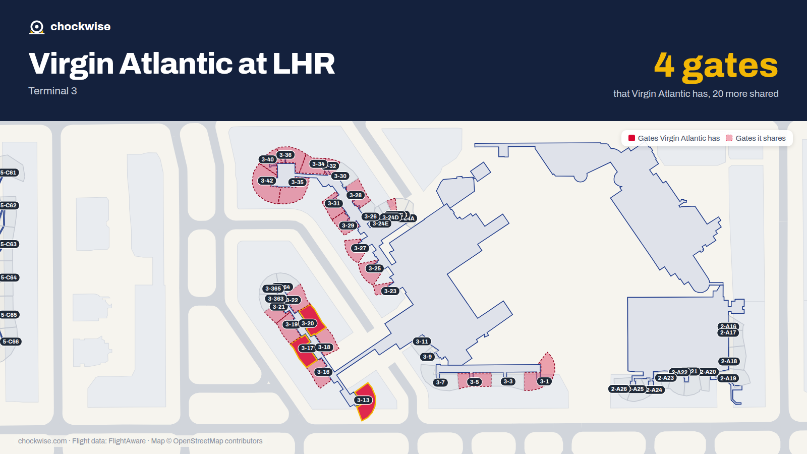 Map of LHR with the gates Virgin Atlantic uses highlighted: 3-13, 3-17 and 3-20.