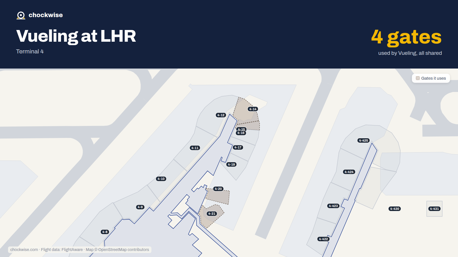 Map of LHR with the gates Vueling uses highlighted: 4-14, 4-15, 4-20 and 4-21.