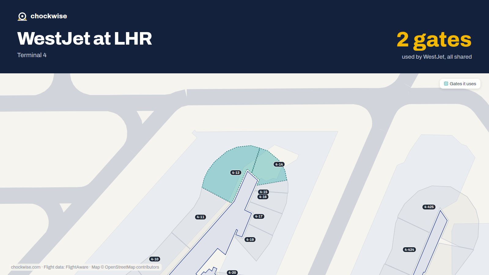 Map of LHR with the gates WestJet uses highlighted: 4-12 and 4-14.