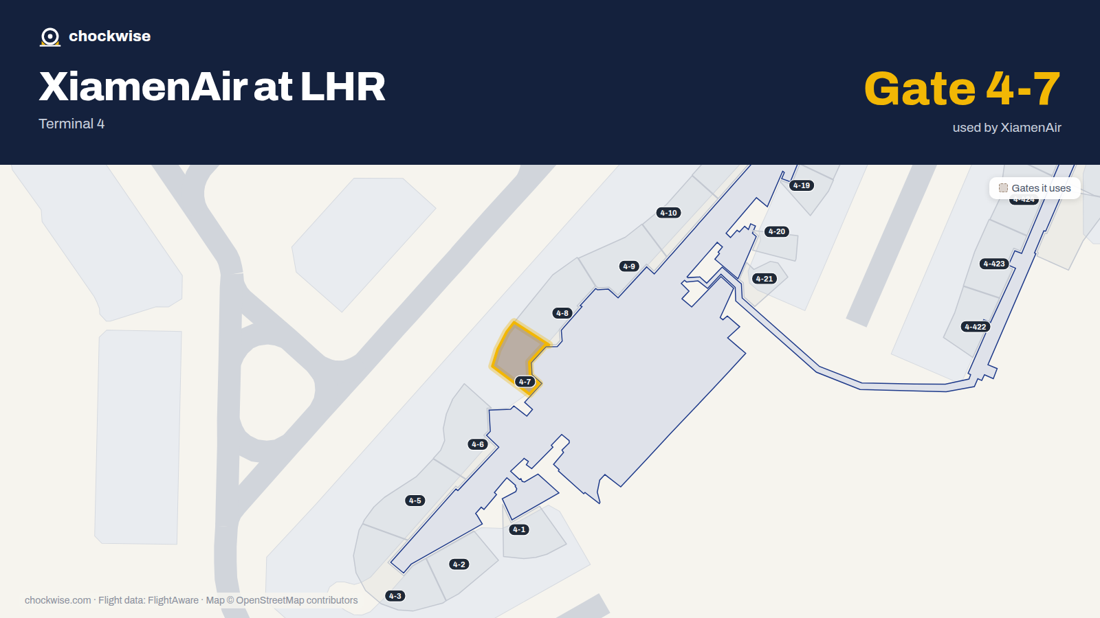 Map of LHR with the gates Xiamen Airlines uses highlighted: 4-7.