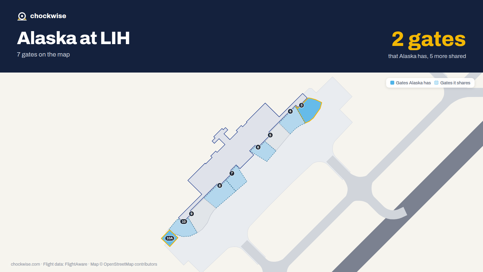 Map of LIH with the gates Alaska Airlines uses highlighted: 3 and 10A.