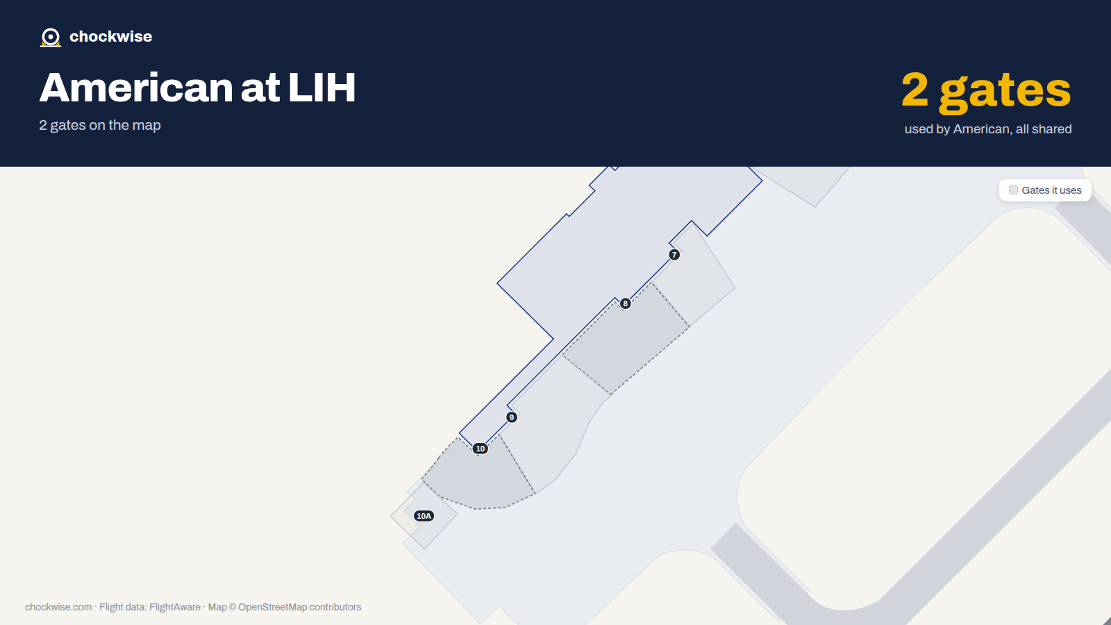 Map of LIH with the gates American Airlines uses highlighted: 8 and 10.